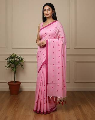 Pink fancy cotton handloom saree with blouse piece for women 1