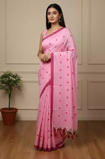 Pink fancy cotton handloom saree with blouse piece for women
