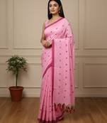 Pink fancy cotton handloom saree with blouse piece for women
