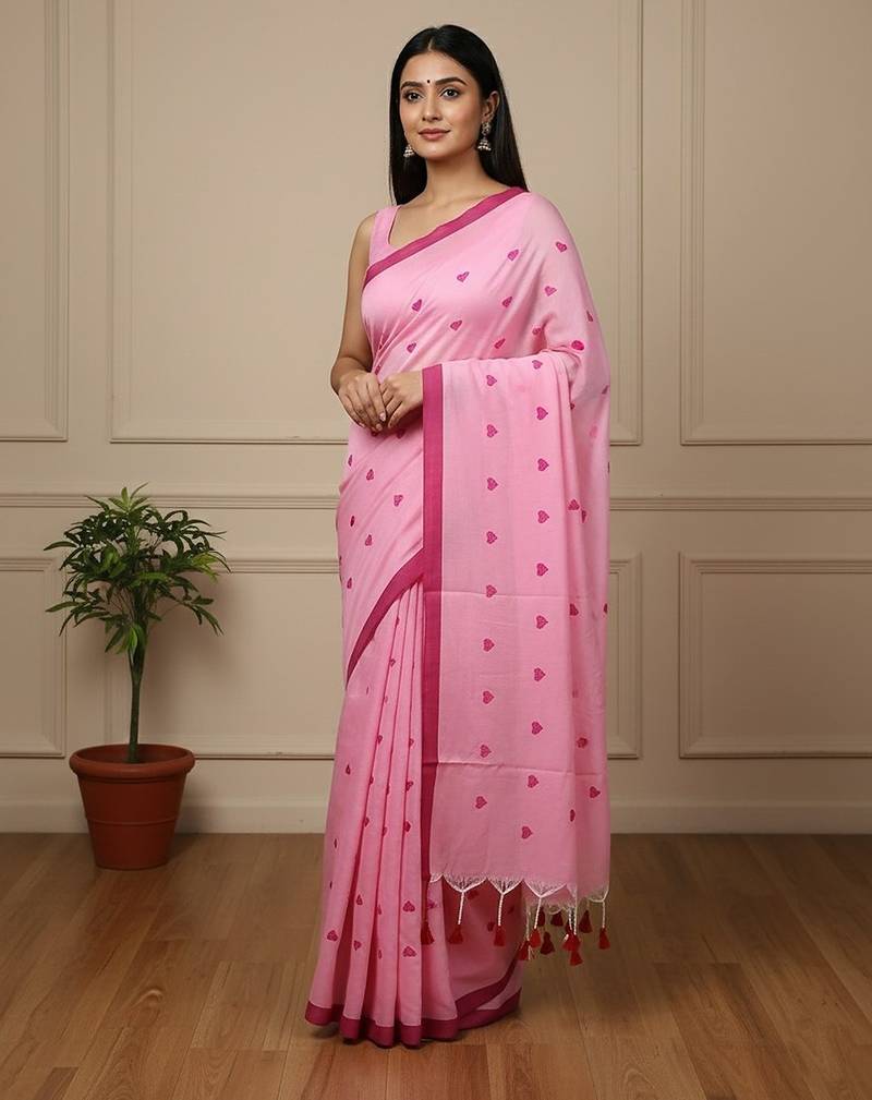 Pink fancy cotton handloom saree with blouse piece for women