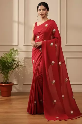 Red fancy cotton handloom saree with blouse piece for women