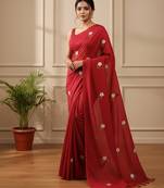 Red fancy cotton handloom saree with blouse piece for women