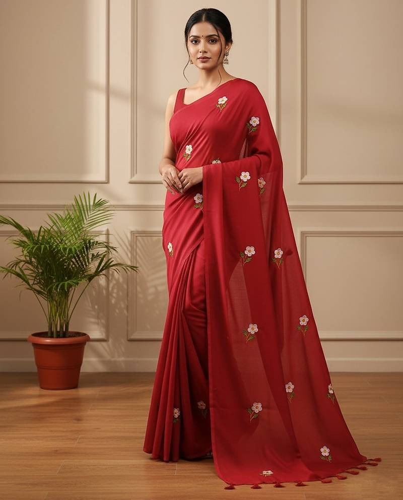 Red fancy cotton handloom saree with blouse piece for women