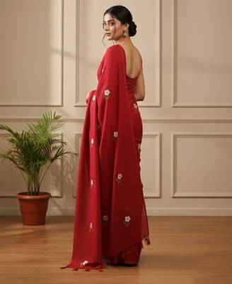 Red fancy cotton handloom saree with blouse piece for women 2