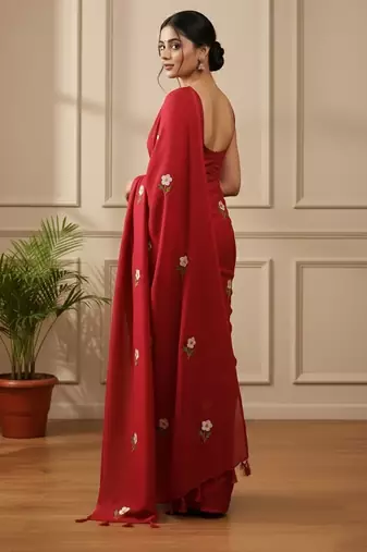 Red fancy cotton handloom saree with blouse piece for women
