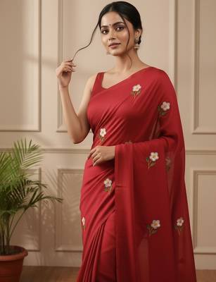 Red fancy cotton handloom saree with blouse piece for women 3