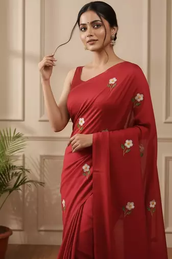 Red fancy cotton handloom saree with blouse piece for women