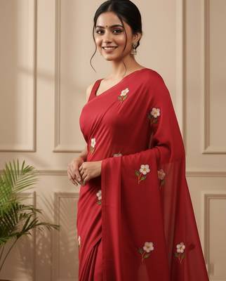 Red fancy cotton handloom saree with blouse piece for women 4