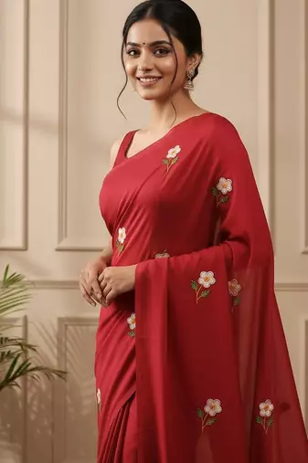 Red fancy cotton handloom saree with blouse piece for women