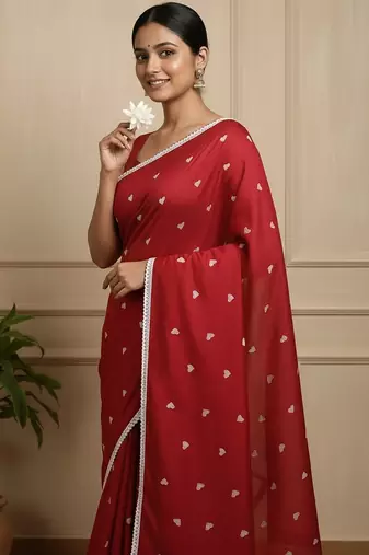 Red fancy cotton handloom saree with blouse piece for women