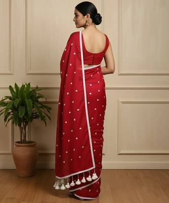 Red fancy cotton handloom saree with blouse piece for women 3