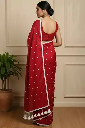 Red fancy cotton handloom saree with blouse piece for women
