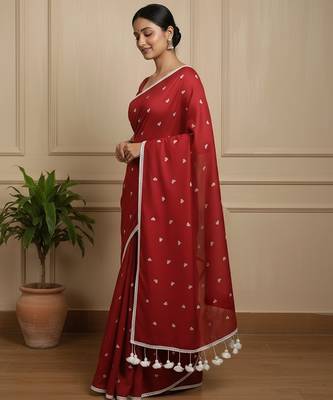 Red fancy cotton handloom saree with blouse piece for women 4