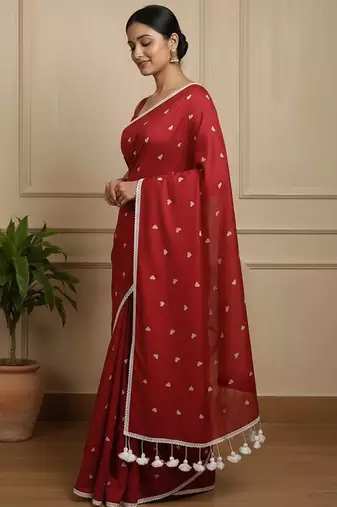 Red fancy cotton handloom saree with blouse piece for women