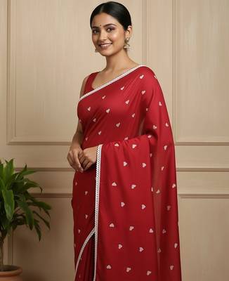 Red fancy cotton handloom saree with blouse piece for women 5