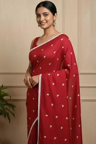 Red fancy cotton handloom saree with blouse piece for women