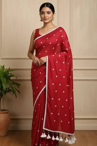 Red fancy cotton handloom saree with blouse piece for women