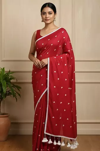Red fancy cotton handloom saree with blouse piece for women
