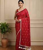 Red fancy cotton handloom saree with blouse piece for women