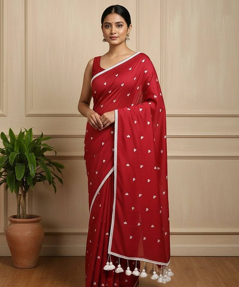 Red fancy cotton handloom saree with blouse piece for women