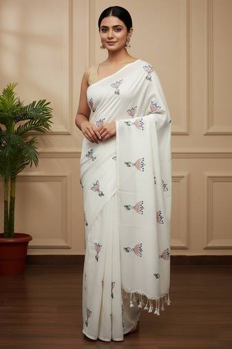 White fancy cotton handloom saree with blouse piece for women