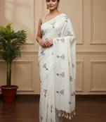 White fancy cotton handloom saree with blouse piece for women
