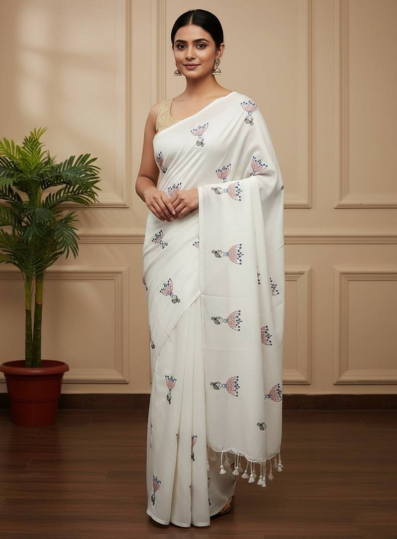White fancy cotton handloom saree with blouse piece for women