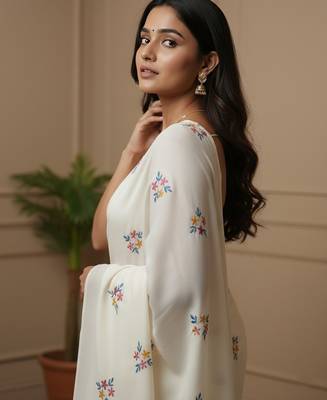 White fancy cotton handloom saree with blouse piece for women 2