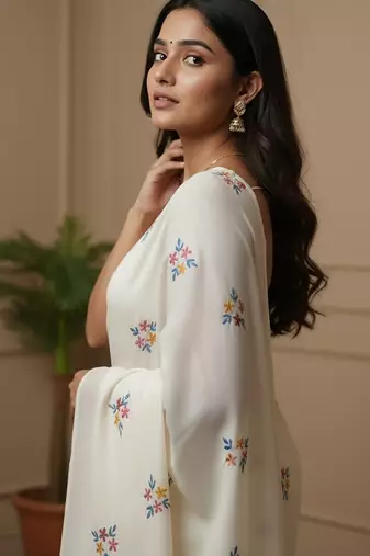 White fancy cotton handloom saree with blouse piece for women