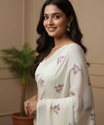 White fancy cotton handloom saree with blouse piece for women 5