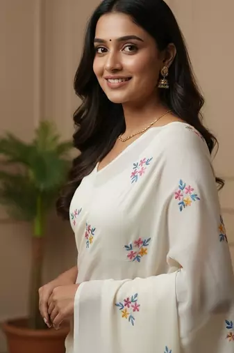 White fancy cotton handloom saree with blouse piece for women