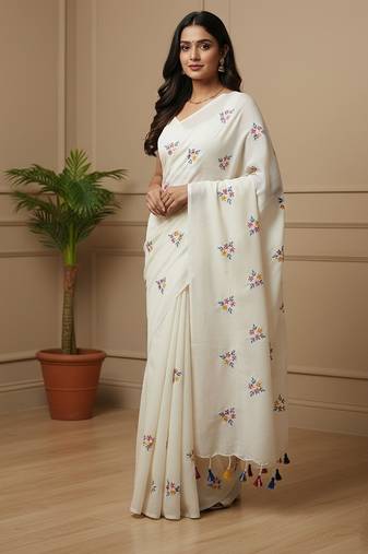 White fancy cotton handloom saree with blouse piece for women
