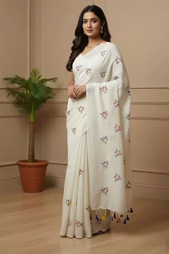 White fancy cotton handloom saree with blouse piece for women