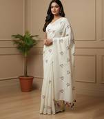 White fancy cotton handloom saree with blouse piece for women