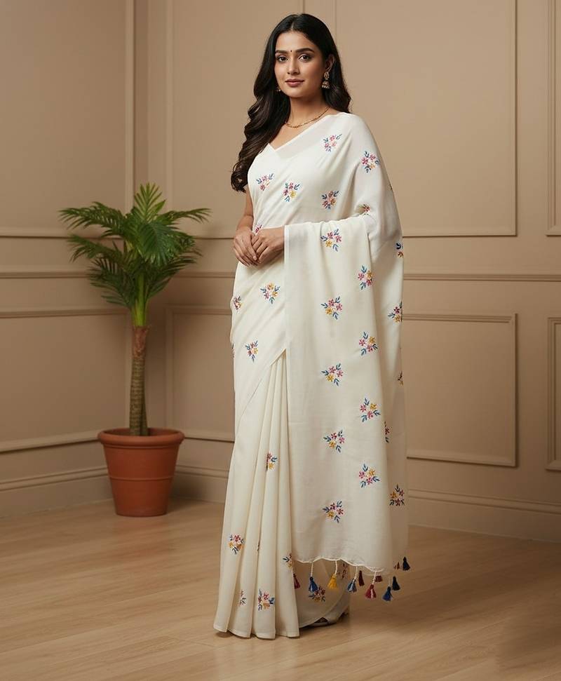 White fancy cotton handloom saree with blouse piece for women