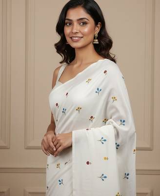 White fancy cotton handloom saree with blouse piece for women 2