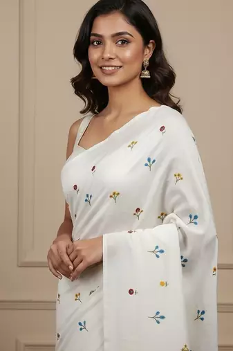 White fancy cotton handloom saree with blouse piece for women
