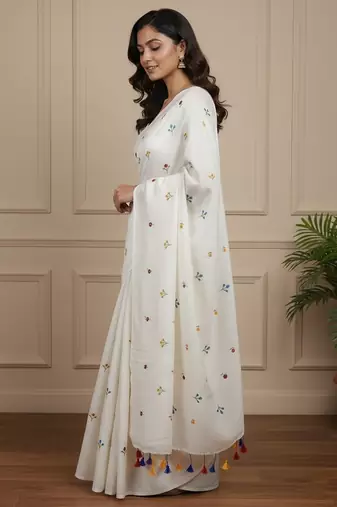 White fancy cotton handloom saree with blouse piece for women