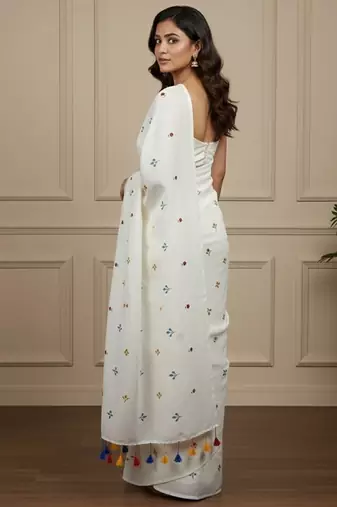 White fancy cotton handloom saree with blouse piece for women