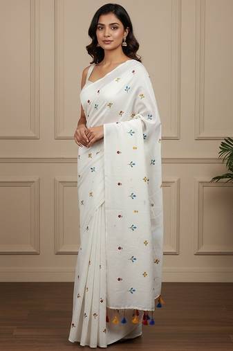 White fancy cotton handloom saree with blouse piece for women