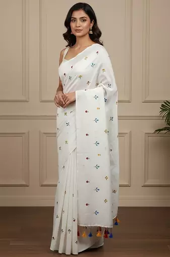 White fancy cotton handloom saree with blouse piece for women