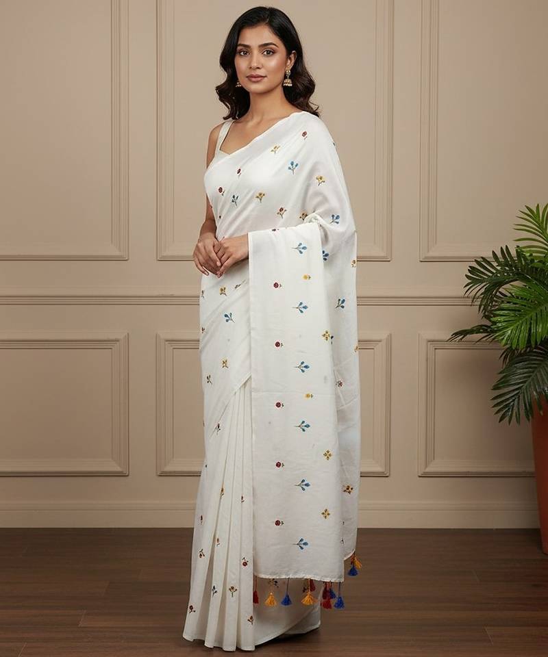 White fancy cotton handloom saree with blouse piece for women