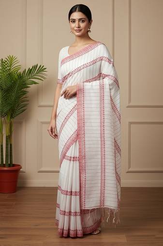 White fancy cotton handloom saree with blouse piece for women