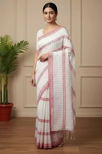 White fancy cotton handloom saree with blouse piece for women