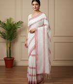 White fancy cotton handloom saree with blouse piece for women