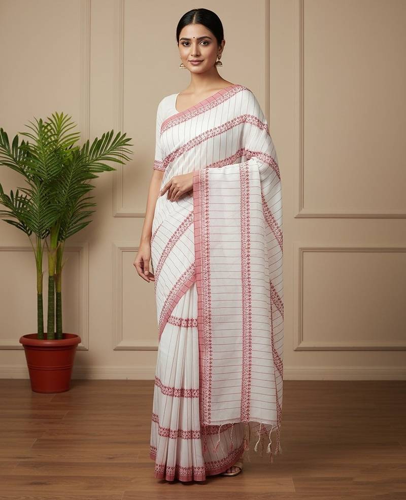 White fancy cotton handloom saree with blouse piece for women