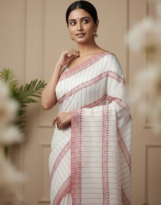 White fancy cotton handloom saree with blouse piece for women 2
