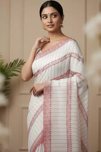 White fancy cotton handloom saree with blouse piece for women
