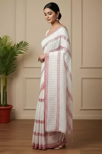 White fancy cotton handloom saree with blouse piece for women