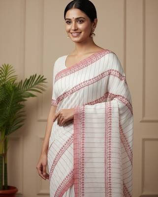 White fancy cotton handloom saree with blouse piece for women 4